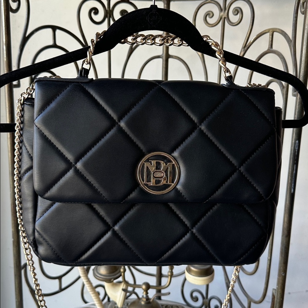 Badgley Mischka Black Leather Bag with Gold Logo